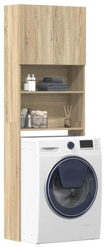 Ordellia Estantería para lavadora, roble Sonoma, 64 x 24 x 190 cm, con 2 puertas y 2 compartimentos abiertos para baño y lavandería, más espacio de almacenamiento