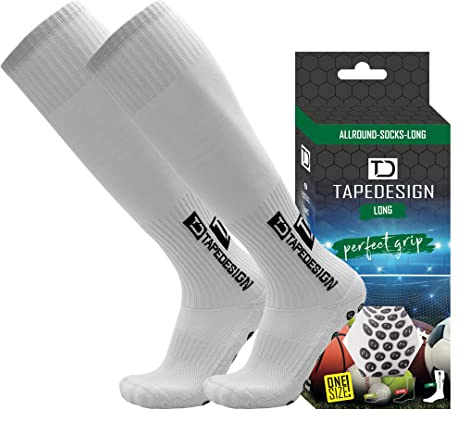 TAPEDESIGN Long 1 Paar Rutschfeste Fußball-Socken (Lang) mit gummierten Noppen Weiß - Fussball-Socken & Stutzen mit Grip für Damen & Herren - Anti-Rutsch Sportsocken, Stulpen & Strümpfe (One-Size)