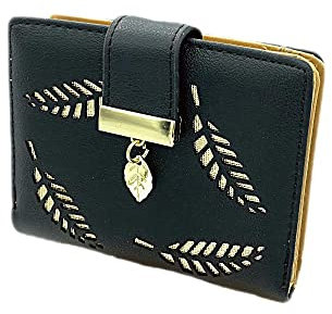 HXT-OAK Damen Geldbörse Frauen Kleine Brieftasche mit Das Design mit aushohlender Blattform,Aus PU-Leder mit blattförmigem Anhänger, mit 5 Kartenfächern und ID Fenster (Schwarz)
