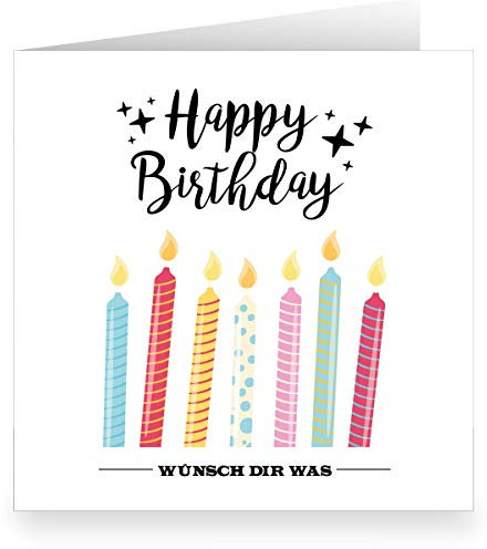 24 x bunte Handlettering Geburtstags Glückwunsch-karte innen weiß (quadratisch 15,5cm + Umschlag) Happy Birthday Wünsch Dir was- große XL Geburtstagskarte mit Kerzen für Familie, Mitarbeiter