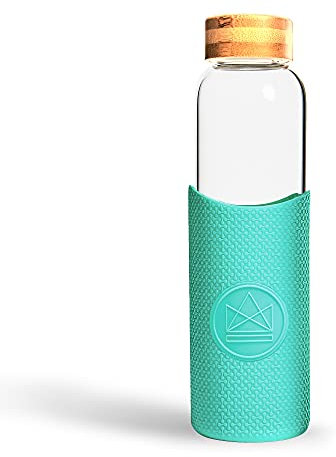 Neon Kactus - Bouteille en verre borosilicate soufflé à la main avec couvercle en bambou, bouteille d'eau revêtement silicone qualité alimentaire, Gourde réutilisable sans plastique et étanche 550ml