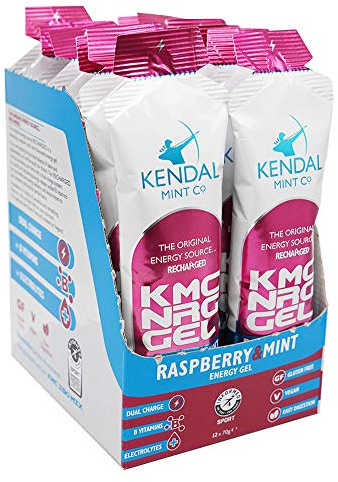 KMC NRG Gel: Refreshing Raspberry Mint Energy Gel 27g Dual Carb +Electrolytes +B Vitamins Vegan Gluten Free by Kendal Mint Co (12x70g, Raspberry & Mint)