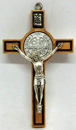 GTBITALY 10.026.93 croix de saint béni en bois d'olivier inri avec anneau et ligne noire mesure 8 cm rectangulaire