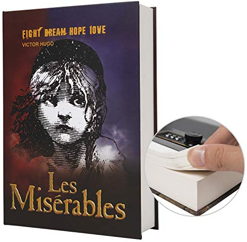 Libro de transferencia de papel auténtico seguro para joyas, dinero y dinero en efectivo, hueco con compartimento oculto, llave y cerradura de combinación (bloqueo de contraseña, Les Miserables)