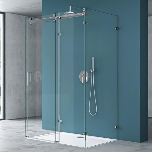 Mai & Mai U-Form Duschkabine 100x130x100cm Rahmenlos Höhe:195cm 8mm Schiebetür Duschabtrennung ESG Nano Klarglas 4-Punkt Halterung Duschwand Rav17-2UK