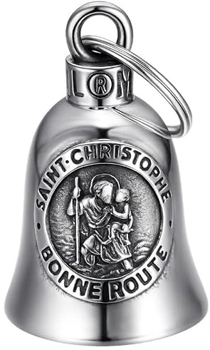 BOBIJOO JEWELRY - Campanellino portafortuna, per moto, protezione da motociclista, triker, San Cristoforo, argento in acciaio inossidabile 316L, vedi descrizione, vedi descrizione