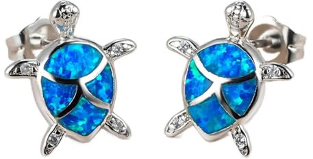 LOKILOKI Boho Weibliche Kleine Meeresschildkröte Ohrringe Nette Silberne Farbe Ohrstecker Luxus Blauer Opal Stein Hochzeit Ohrringe Für Frauen