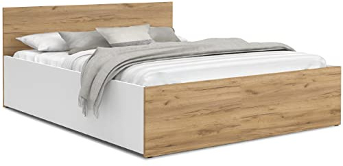 FurnitureByJDM Bett 120x200 mit Stauraum – Doppelbett mit Bettkasten | Aufklappbarem Lattenrost – Modernes Stauraumbett mit Liftfunktion (Weiß / Eiche Craft)