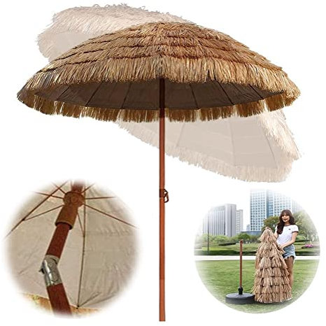 Runder Garten Sonnenschirm Hawaii Stil Bastschirm, Neigbar 200cm Große Balkonschirm Strandschirm Im Freien, Knickbar Sonnenschutz UV50+ Tragbar