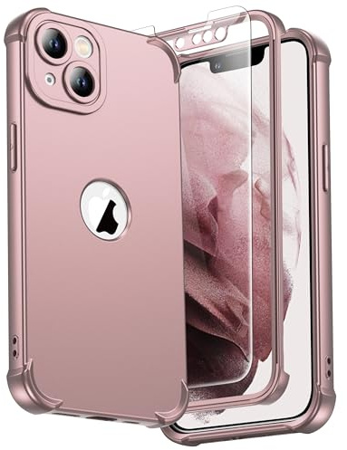 ORETECH Coque pour iPhone 13 avec 2 Pièces Verre Trempé Protection écran, 2 en 1 Antichoc Souple Silicone TPU Arrière Rigide PC Avant Housse de Protection pour iPhone 13 Case 6,1 Pouces Or Rose