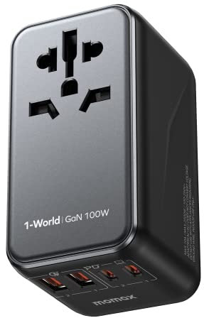 MOMAX Universal Travel Adapter,100W Fast GaN International Power Adapter, 2PD USB-C+2QC USB-A Travel Plug Adapter, US/UK/EU/AU Universal Charger for Laptops, Tablets, Phones Vision Pro 1-World