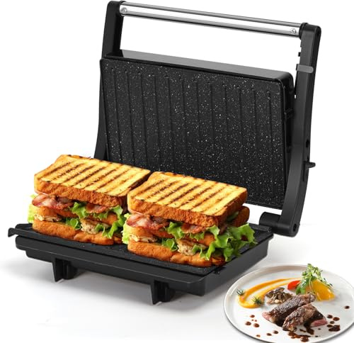 Aigostar 1000W Sandwich Toaster & Panini Press, Deep Fill Toastie Maker for 2 Slices, 180° Flat Grill Plates with Non-Stick Coating, Easy Clean - York Pro