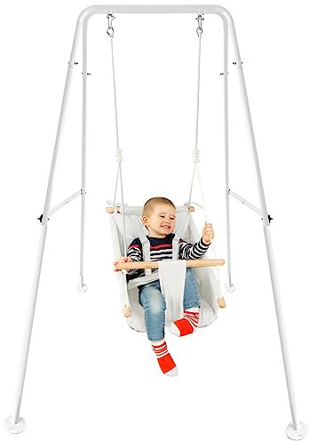 CaTeam Baby Hängematte Schaukel aus Segeltuch mit Ständer, hängender Schaukelsitz aus Holz mit Sicherheitsgurt, langlebiger Baby Hängemattenstuhl, Außen und Innenschaukel für Kinder, Elfenbeinfarben
