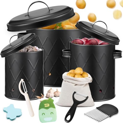 YUTUY Kartoffel Aufbewahrungsbox [3er Set],Zwiebeltopf und Knoblauchtopf Belüftet Vorratsbehälter Set,Großer Vorratsbehälter aus Metall,Kartoffel Vorratsdosen Set (Schwarz-Set)