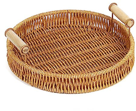 Bylesary Imitation Wicker Bread Baskets, Small With Handles Rectangle & Round Hand Knitting Tray, Plastic Vintage Storage Organizing Basket, for Kitchen Counter Table Restaurant Organizer Decor