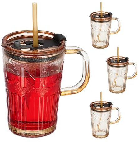 Relaxdays Jarre avec Paille, Couvercle et Anse, lot Pratique de 4, Volume : 450 ML, pour Votre Smoothie, Marron Clair