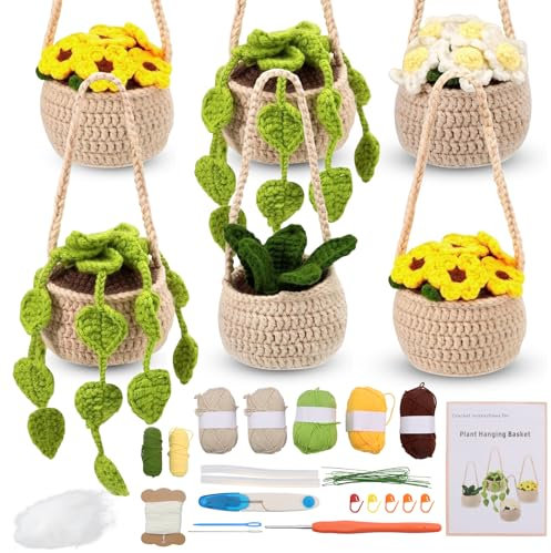 Scettar Crochet Kits for Beginners, 6PCs Hanging Potted Plants Crochet Kit with Step-by-Step Video Tutorials, Learn to Crochet Kits for Adults, Potted Plants Decorative Beginner Crochet Kit