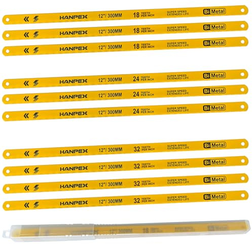 Hanpex 300mm Hacksaw Replacement Blade Sets (10 Pack) High Speed 3Pc. 18TPI / 3Pc. 24TPI / 4Pc. 32TPI- 12 Length Hack Saw Blade - Bi-Metal HSS Cutting Blades