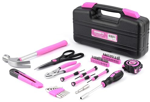 URASISTO 40-Piece Home Tool Kit with Easy Carrying Box, Small Basic Hand Tool Set Perfect for DIY Building, Home Maintenance and Woodworking, Great for College Students - PINK