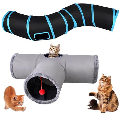 Katzentunnel,2 Stücke Katzenspielzeug Tunnel,3 Wege,S-Förmig,Katzen Tunnel Labyrinth,Katzen Spieltunnel Spielsachen Für Katzen, Kaninchen Und Kleintiere(Blau,Grau)