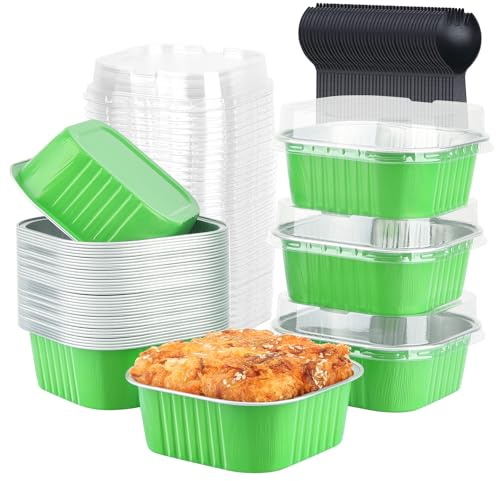 LNYZQUS Mini Cake Pans with Lids and Spoons,10oz Disposable Small Foil Baking Tins,40 Pack Individual Cake Containers for Home Bakers Bake Sales-Green,4x4 Square | 40 Pack, Individual, Green, Disposable, Aluminum Foil, Square Baking Tins, 4 Inch Dessert Cups for Bake Sale Treats