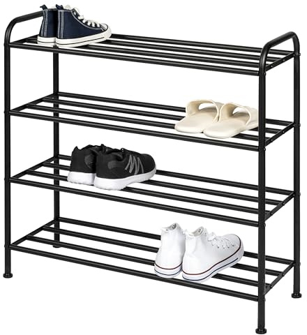 eluno offenes Schuhregal für 16 Paar Schuhe aus mattschwarzem Metall mit 4 Ablagen, höhenverstellbare Füße, Schuhständer, Schuhablage, Schuhaufbewahrung, Schuh-Organizer ca. 80 x 76,5 x 31 cm (B/H/T)
