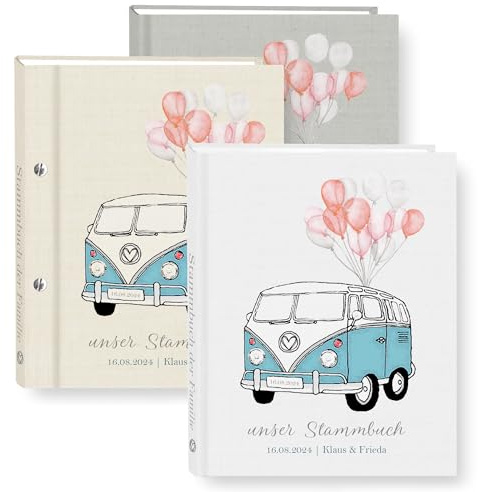 Stammbuch der Familie personalisiert Oldtimerbus Weiß Beige Grau A5 A4 Familienstammbuch Oldtimer Bus türkis Retro Stammbücher Handarbeit