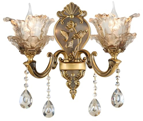 WayLuoung Vintage Floral Wandleuchte, 2 Kopf Kristallglasschirm Wandleuchte Retro-Goldene Bronzefarbe Dekoration Metall-Wandleuchte, Nachttisch Wohnzimmer Restaurant Treppen(E14 Sockel Ohne Glühbirne)