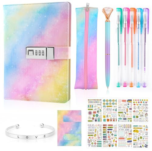 Coosilion Tagebuch mit Schloss Geschenke für Mädchen 6 7 8 9 10 11 12 13 Jahre, Weihnachtsgeschenke für Mädchen Teenager alter 6-15 Notizbuch Mädchen Tagebuch mit Code Mäppchen Armband Reisetagebuch