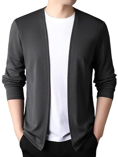 KIJSKKOPO Sueters para Hombres,Cárdigan De Manga Larga para Hombre, Cárdigan Beige Abierto por Delante Sin Cuello, Chaqueta Tipo Kimono, Primavera Otoño, Informal, Ajustado, Ligero, Abrigo De Tra