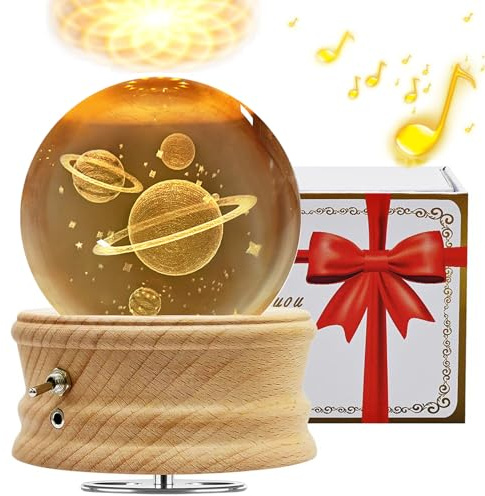 Boîte à Musique Boule de Cristal 3D, Boîte à Musique Rotative Éclairée à 360° avec Projection de Lumière et Support en Bois, Cadeau pour Enfants, Femme et Mère(Astéroïde)
