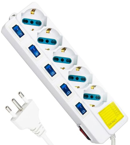 Ciabatta Multipresa a 5 Posti Spina Bipasso Schuko 10-16A con Interruttori Luminosi e Cavo 1.5m