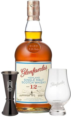 Glenfarclas 12 Year Old Whisky Glass & Jigger Gift Set 70cl | Containing 1 x Glenfarclas 12 Year Old, A Branded Glenfarclas Glass & Secret Bottle Shop Cocktail Jigger