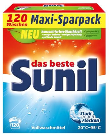 Sunil aktiv Pulver - Vollwaschmittel - für 120 Wäschen - Flecklösekraft, hautverträglich, mikroplastikfrei, vegan - 6 kg