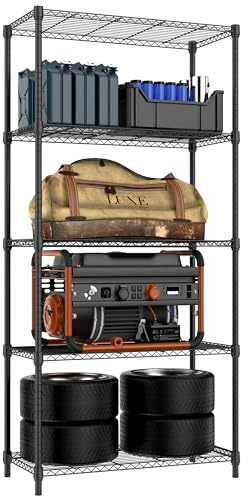 MZG 567 kg 5 nivåer hylla metallförvaringshyllor hyllor vajerhylla kraftiga garderobsorganisatörer för garage kök badrum tvätt svart 40 cm D x 85 cm B x 174 cm H