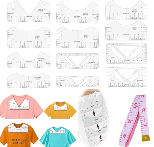 GUOYOU 13 Stücke T-Shirt Ausrichtungslineal,Transparente T-Shirt Anleitung Lineal T-Shirt Ruler Guide Sockenlineal Plotten Bügellineal,für Rundhalsausschnitt V-Ausschnitt Erwachsene Jugend Kinder
