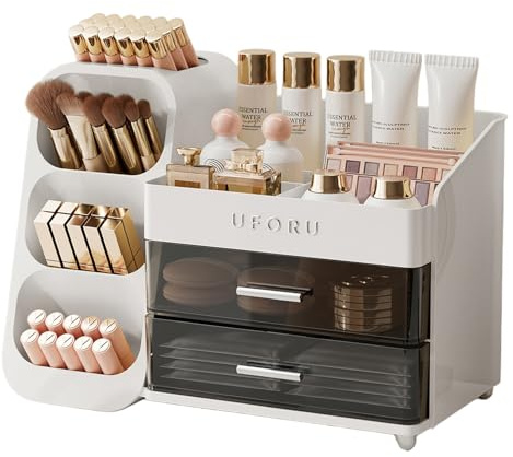 UFORU Makeup Organizer for Vanity with Brush Holder, Large Capacity Bathroom Countertop Skincare Organizer with 2 Drawers, Cosmetic Display Case for Perfumes, Eyeshadow Palettes, Nail Polishes