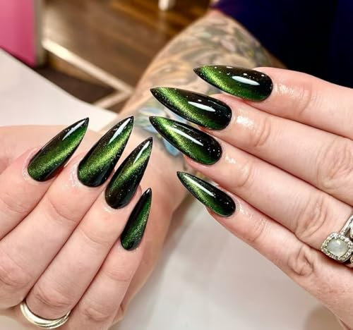 MouyouGlow Press on Nails Lang,Stiletto Halloween Cat Eye Dunkel Grün Magnetic Fake Nails mit Nagelkleber,Green Phototherapy Künstliche Fingernägel