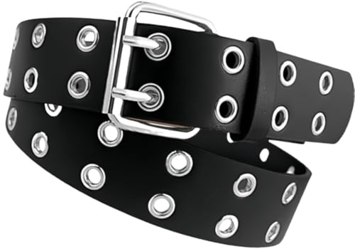SDXCJY Cintura con Doppio Occhiello in Stile Punk Rock - Cinture con Doppio Foro e Rivetti - Accessorio in Pelle Sintetica PU per Jeans da Uomo e Donna, Perfetto per Stili Goth, Punk e Halloween, Nero