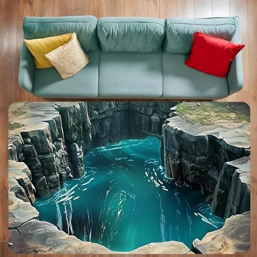 Luyemci 3D Cliff Area Rug for Bedroom, 60x110cm, Canyon River Indoor Carpets, Indoor Decor Breathable Non-Skid Carpet, Pet Friendly Low Pile Non-Shedding Thin Rugs for Bedside Entryway Hallway