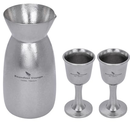 iBasingo 3-Piece Japanese Sake Set 150ml Titanium Sake Carafe with 2 Cups, Portable for Sake, Soju, Wine, Tea - Dishwasher Safe, Lightweight & Durable for Travel, Camping, Outdoor Use Ti3266D