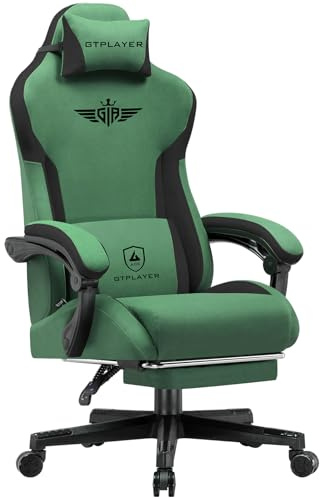 GTPLAYER Gaming Stuhl, Ergonomischer Gamer Stuhl aus Stoff mit Lendenwirbelstütze, PC-Stuhl mit verbreiterter Rückenlehne, Belastbar bis 150 kg, Grün