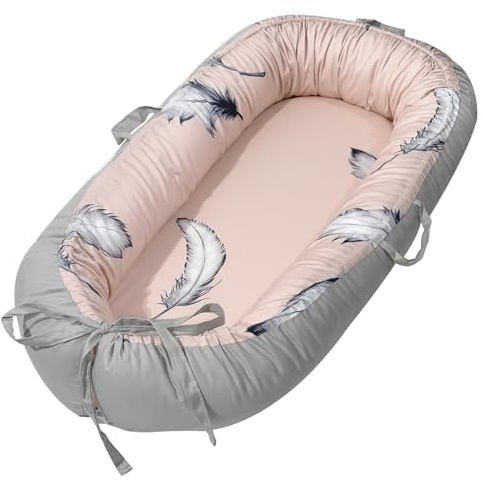 Little Grape Land Babynest 90x65 cm aus 100% Baumwolle (Twill) – Babynestchen/Babykokon, Bettverkleinerer mit Tragegriffen, verstellbar per Kordelzug, für Neugeborene 0–24 Monate, Feder