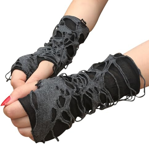 Noaxylic 1 Paar Fingerlose Handschuhe, Halloween Fingerlose Handschuhe, Schwarze Zerrissene Punkhandschuhe, für Halloween Kostüm, Cosplay Kostümzubehör, Kostümparty, Karneval Thema Party