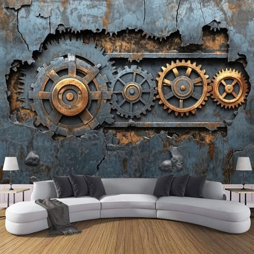 Fotomurales 250×175cm Pared Metal Papel Pintado Tejido No Tejido, Steampunk Industrial Fotomural Efecto 3D Papel Tapiz XL Decorativos pared Murales Gris Póster para Dormitorio Salón