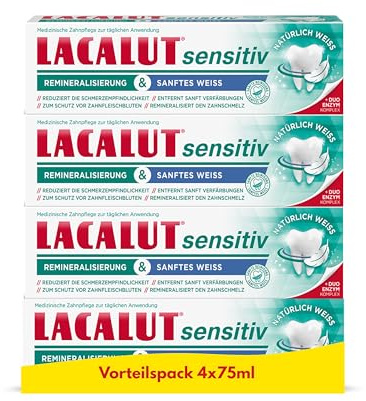 LACALUT Sensitiv Remineralisierung & sanftes Weiss 4er-Pack, reduziert die Schmerzempfindlichkeit, entfernt sanft Verfärbungen, remineralisiert den Zahnschmelz, 4x 75 ml