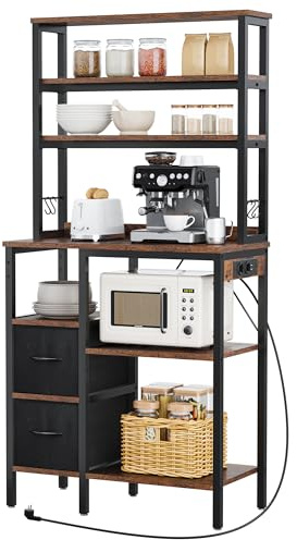 YITAHOME Küchenregal mit Steckdosen, 2 Steckdosen & 2 USB-Anschlüsse, kaffeebar, bäckerregal mit 2 Schubladen & 4 Haken, mikrowellen Regal, für Backofen, 80 x 40 x 168 cm, Vintagebraun & Schwarz