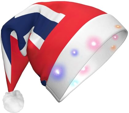 EWQrtyy Weihnachtsmütze mit norwegischer Flagge für Erwachsene, beleuchtet, mit Pompons, weicher Plüsch, Weihnachtsmütze mit bunten Lichtern