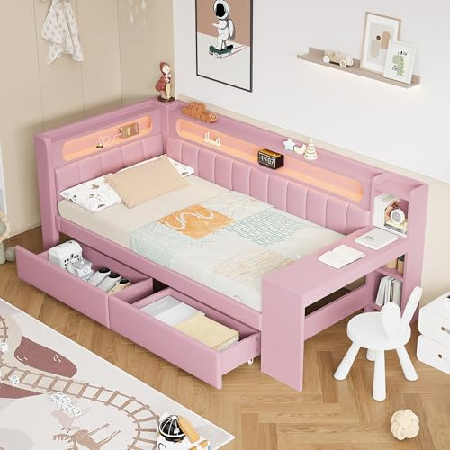 Merax Kinderbett 90x200 cm Einzelbett mit gepolstertem Kopfteil, LED-Ablagefach, Multifunktionsbett mit Schreibtisch, USB-Steckdose und 2 Schubladen, Holzbett mit Lattenrost (Ohne Matratze), Rosa