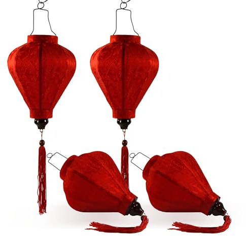 Set mit 4 kleinen asiatischen Laternen aus Seide, Rot, M, Durchmesser 15 cm – Hoi an Lampion traditionell aus Stoff, Bambus und Holz – Dekoration und Handwerk aus Vietnam (S64-0672)